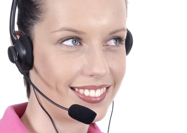 Jeune femme, à, sourire, et, casque à écouteurs