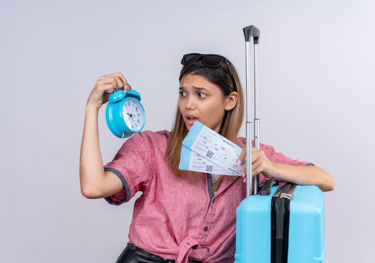 Photo gratuit une jeune femme stressante portant une chemise rouge et des lunettes de soleil à la recherche de réveil tout en tenant des billets d'avion sur un mur blanc