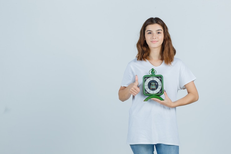 Photo gratuit jeune femme en t-shirt blanc, jeans tenant horloge, montrant le pouce vers le haut et à la joyeuse vue de face.