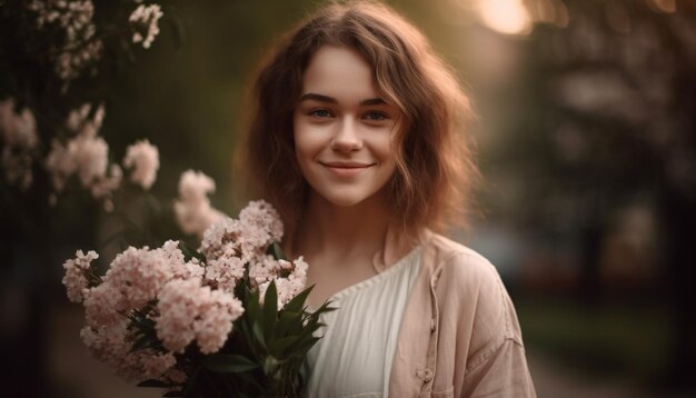 Jeune femme tenant un bouquet appréciant la beauté de la nature générée par l'IA