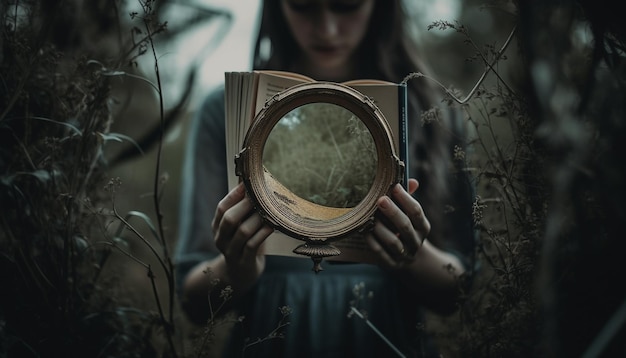 Photo gratuite jeune femme tenant une lentille à la recherche d'un mystère généré par l'ia