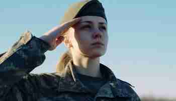 Photo gratuite jeune femme en uniforme militaire saluant à l'extérieur générée par l'ia