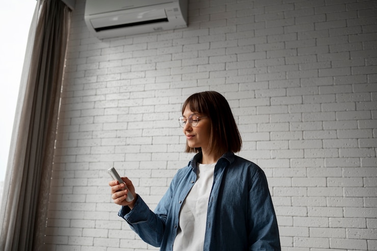 Photo gratuit jeune femme utilisant la technologie domestique