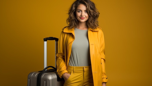 Photo gratuite une jeune femme avec une valise déborde d'élégance et de confiance en voyage générée par l'intelligence artificielle