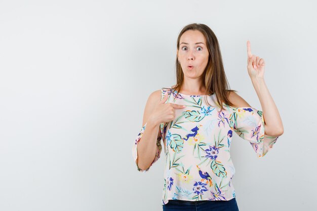 Jeune fille en chemise, jeans pointant sur elle-même avec le doigt vers le haut et à la perplexité, vue de face.