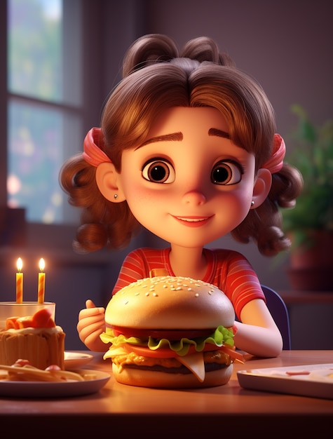 Jeune fille avec un délicieux burger 3d