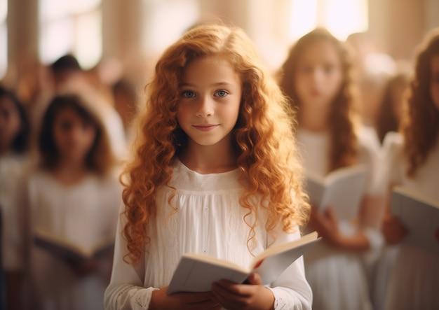 Une jeune fille à l'église fait sa première communion.