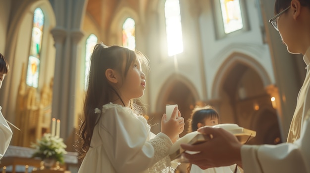 Une jeune fille à l'église fait sa première communion.