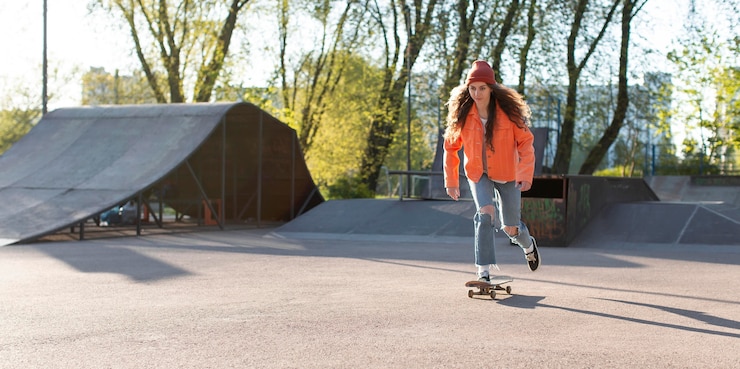 Photo gratuit jeune fille patinage en plein air plein coup