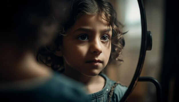 Jeune fille souriante assise près de la fenêtre à l'air heureuse générée par l'IA