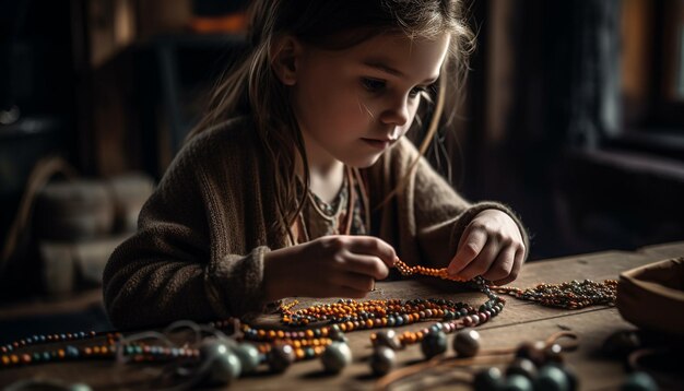 Jeune fille souriante fabriquant des bijoux en perles faits maison à la maison générés par l'IA