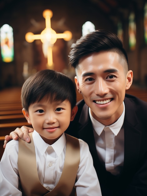 Photo gratuite un jeune garçon à l'église fait sa première communion.