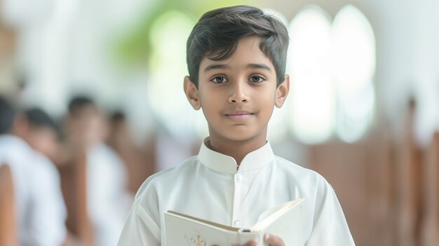 Un jeune garçon à l'église fait sa première communion.