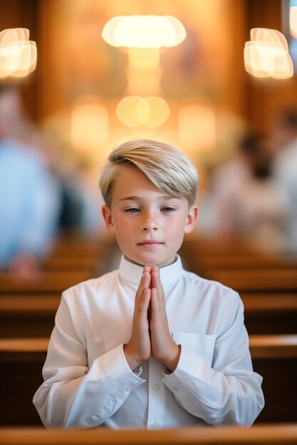 Un jeune garçon à l'église fait sa première communion.