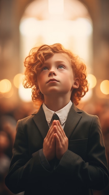 Un jeune garçon à l'église fait sa première communion.