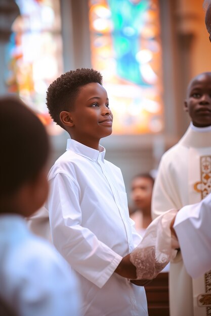 Un jeune garçon à l'église fait sa première communion.