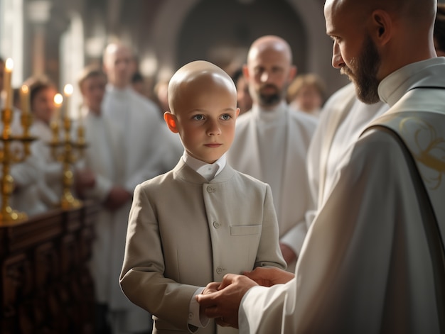 Un jeune garçon à l'église fait sa première communion.