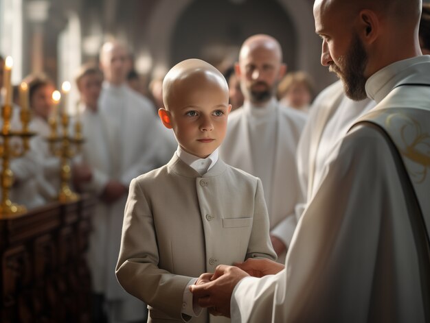 Un jeune garçon à l'église fait sa première communion.