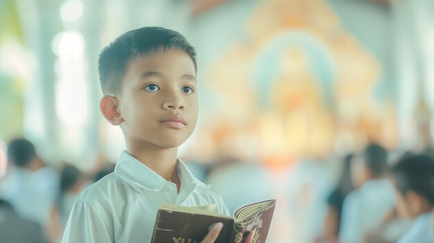 Un jeune garçon à l'église fait sa première communion.