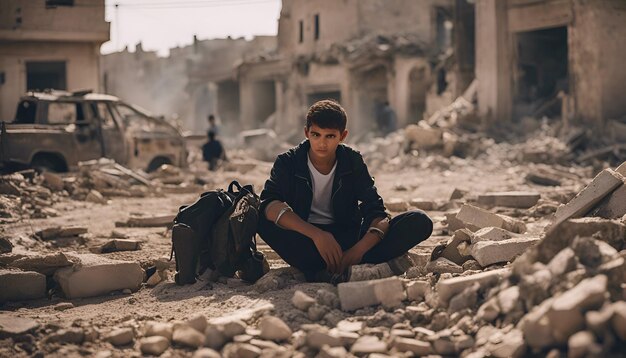 Photo gratuite un jeune homme assis sur les ruines d'un bâtiment abandonné en tunisie