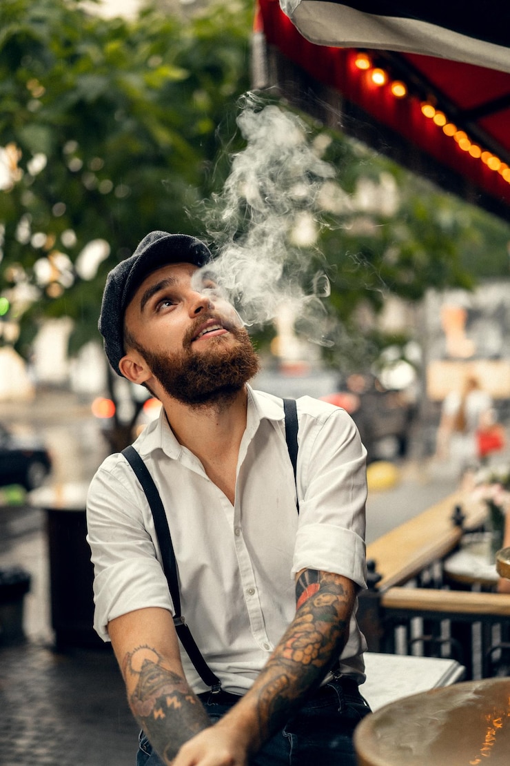 Photo gratuit jeune homme barbu dans un café dans la rue fume une cigarette. mec romantique dans une casquette de chemise blanche et des bretelles dans la ville. peaky blinders. vieux rétro à la mode.