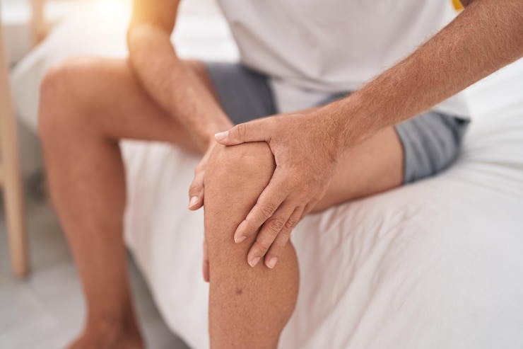 Photo gratuit jeune homme blond souffrant d'une blessure au genou assis sur le lit dans la chambre