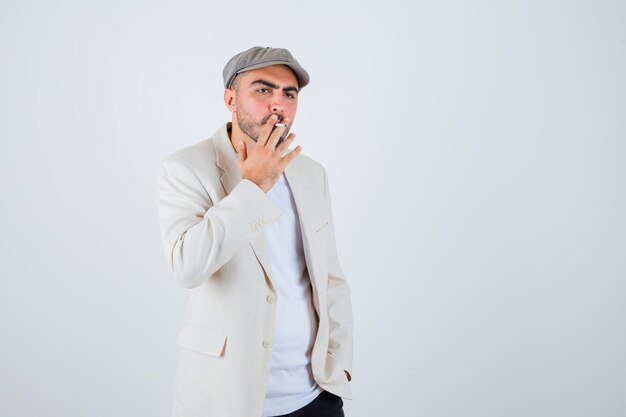 Jeune homme fumant des cigarettes tout en tenant les mains sur la taille en t-shirt blanc, veste et casquette grise et à la sérieuse