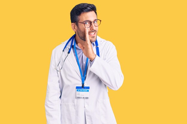 Jeune homme hispanique portant un uniforme de médecin et un stéthoscope main sur la bouche racontant une rumeur secrète, chuchotant une conversation malveillante