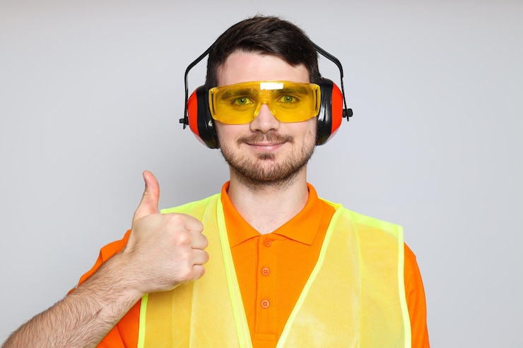 Photo gratuit jeune homme ingénieur civil en protège-oreilles et lunettes