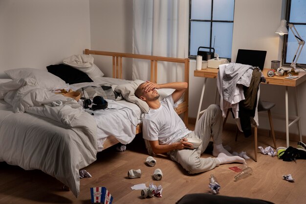 Jeune homme isolé à la maison