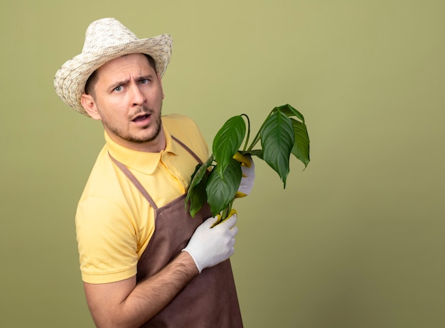 Jeune Homme De Jardinier Portant Une Combinaison Et Un Chapeau Dans Des Gants De Travail Tenant Une Plante Avec Un Visage Sérieux