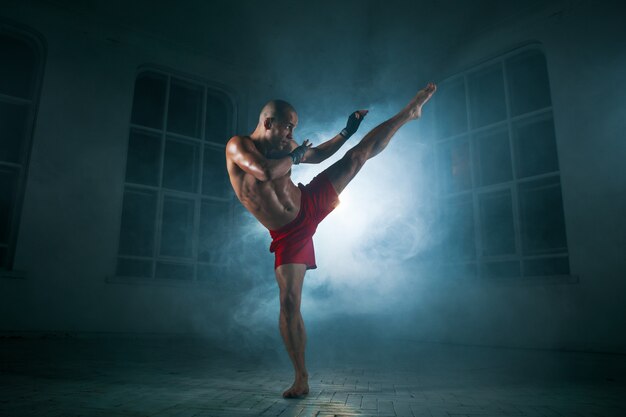 jeune homme, kickboxing, dans, fumée bleue