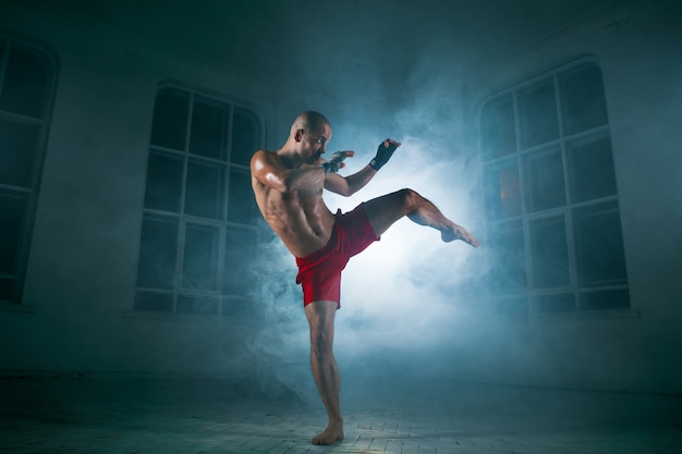 jeune homme kickboxing en fumée bleue