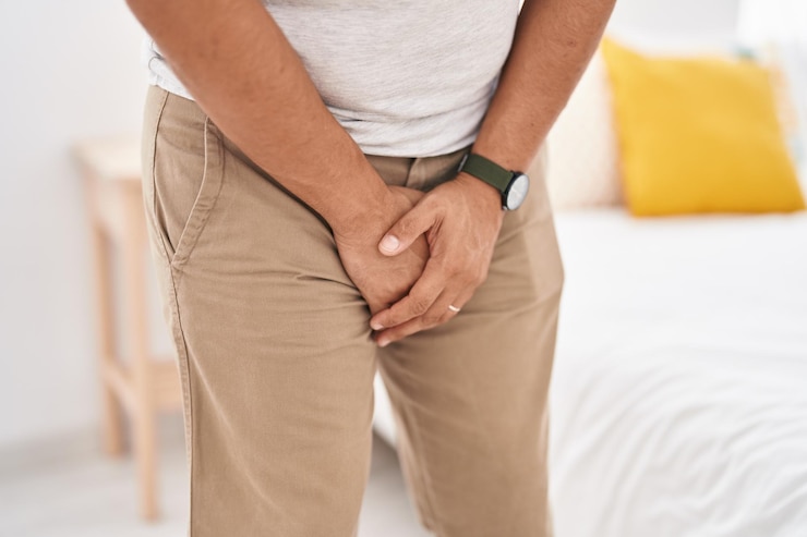 Photo gratuit jeune homme latin couvrant ses parties génitales avec les mains dans la chambre