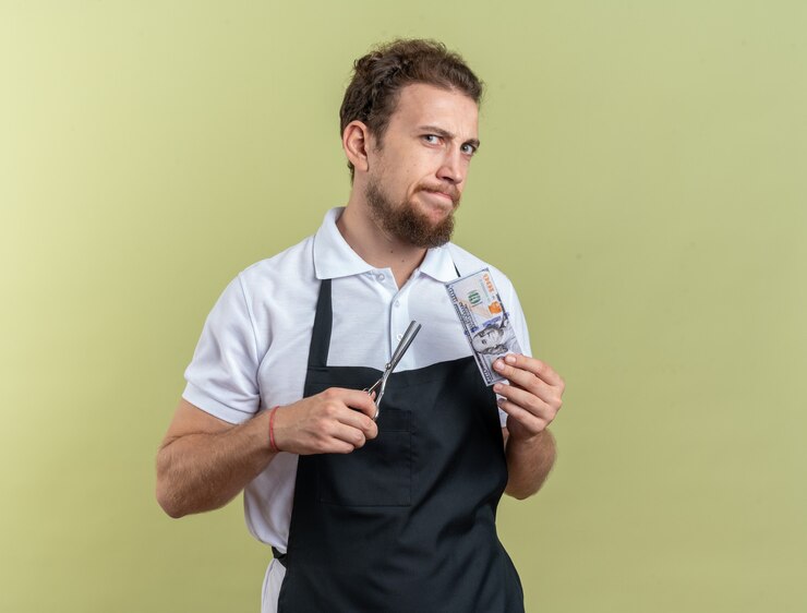 Photo gratuit un jeune homme mécontent de coiffeur portant des ciseaux tenant des uniformes avec de l'argent isolé sur fond vert olive