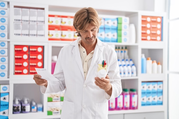 Photo gratuite jeune homme pharmacien tenant une bouteille de pilules et une ordonnance à la pharmacie