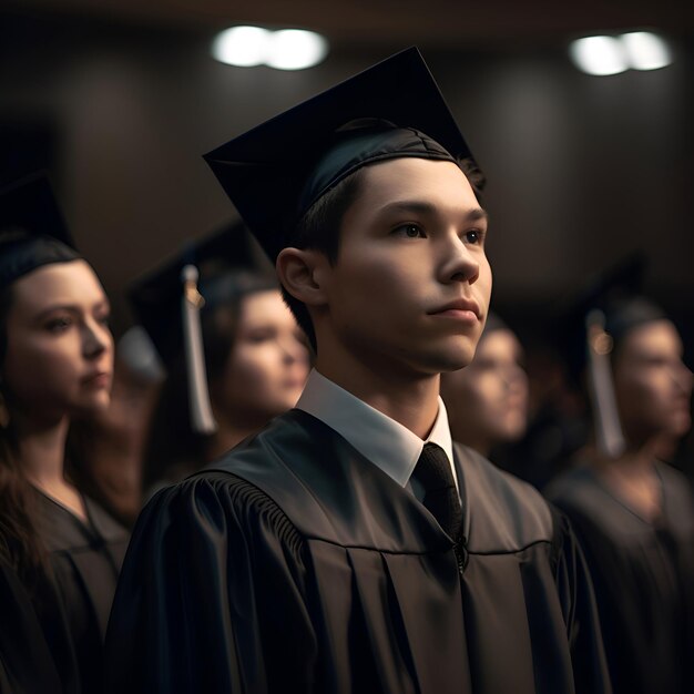 Photo gratuite jeune homme en robe de graduation debout devant un groupe de diplômés