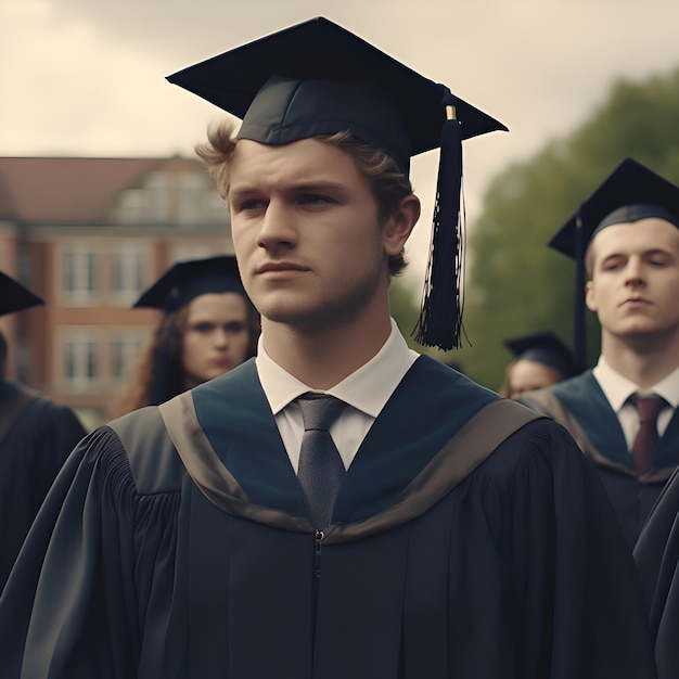 Photo gratuite jeune homme en robe de graduation et en mortier sur le fond de ses amis