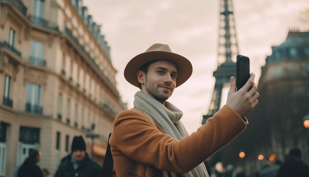 Photo gratuite jeune homme souriant photographiant la ville avec un téléphone généré par l'ia