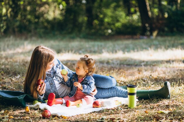 Jeune maman avec sa petite fille dans un parc en automne ayant pique-nique