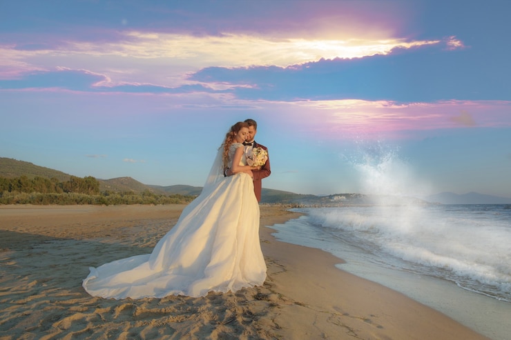 Photo gratuit jeune mariée et le marié robe de mariée décontractée et formelle