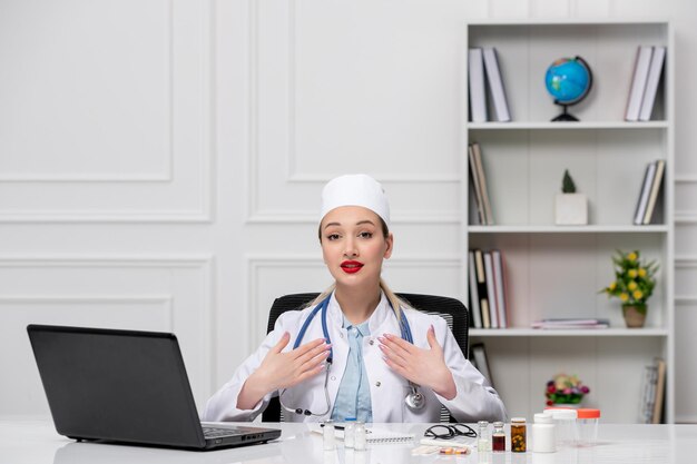 Jeune médecin blonde en blouse blanche et chapeau d'hôpital avec ordinateur pointant vers elle-même