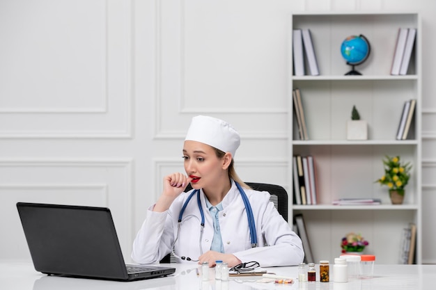 Jeune médecin blonde médicale en blouse blanche et chapeau avec un doigt mordant d'ordinateur