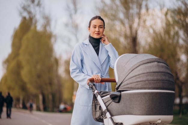 Jeune, mère, marche, voiture bébé, dans parc