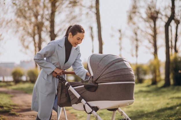 Jeune, mère, marche, voiture bébé, dans parc