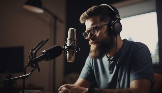 Un jeune musicien à la guitare enregistre des performances rock générées par l'IA