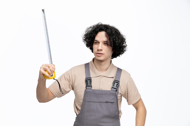 Jeune ouvrier du bâtiment concentré portant un uniforme tenant un ruban à mesurer regardant le côté isolé sur fond blanc