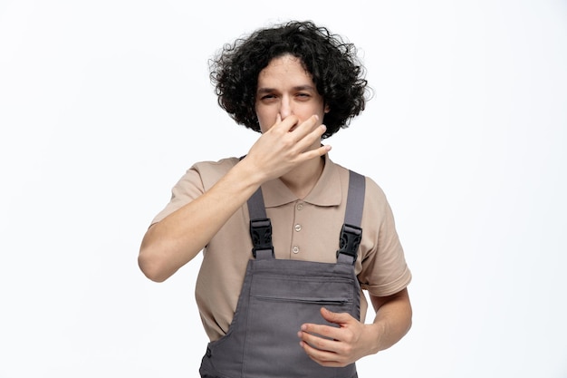 Photo gratuite jeune ouvrier du bâtiment dégoûté portant l'uniforme regardant la caméra faisant un geste de mauvaise odeur isolé sur fond blanc