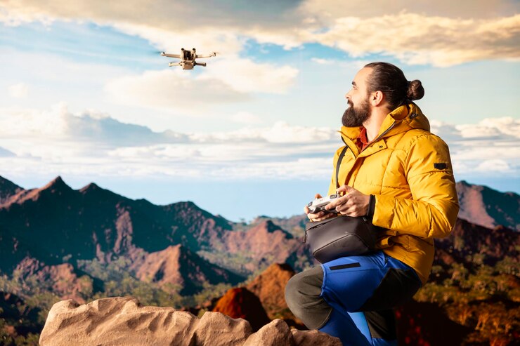 Photo gratuit un jeune photographe amoureux de la nature enregistre une vidéo d'une vallée de montagne avec un drone