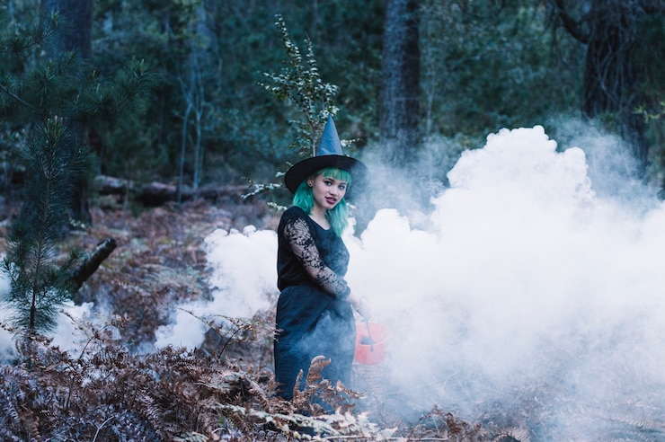 Photo gratuit jeune sorcière en fumée